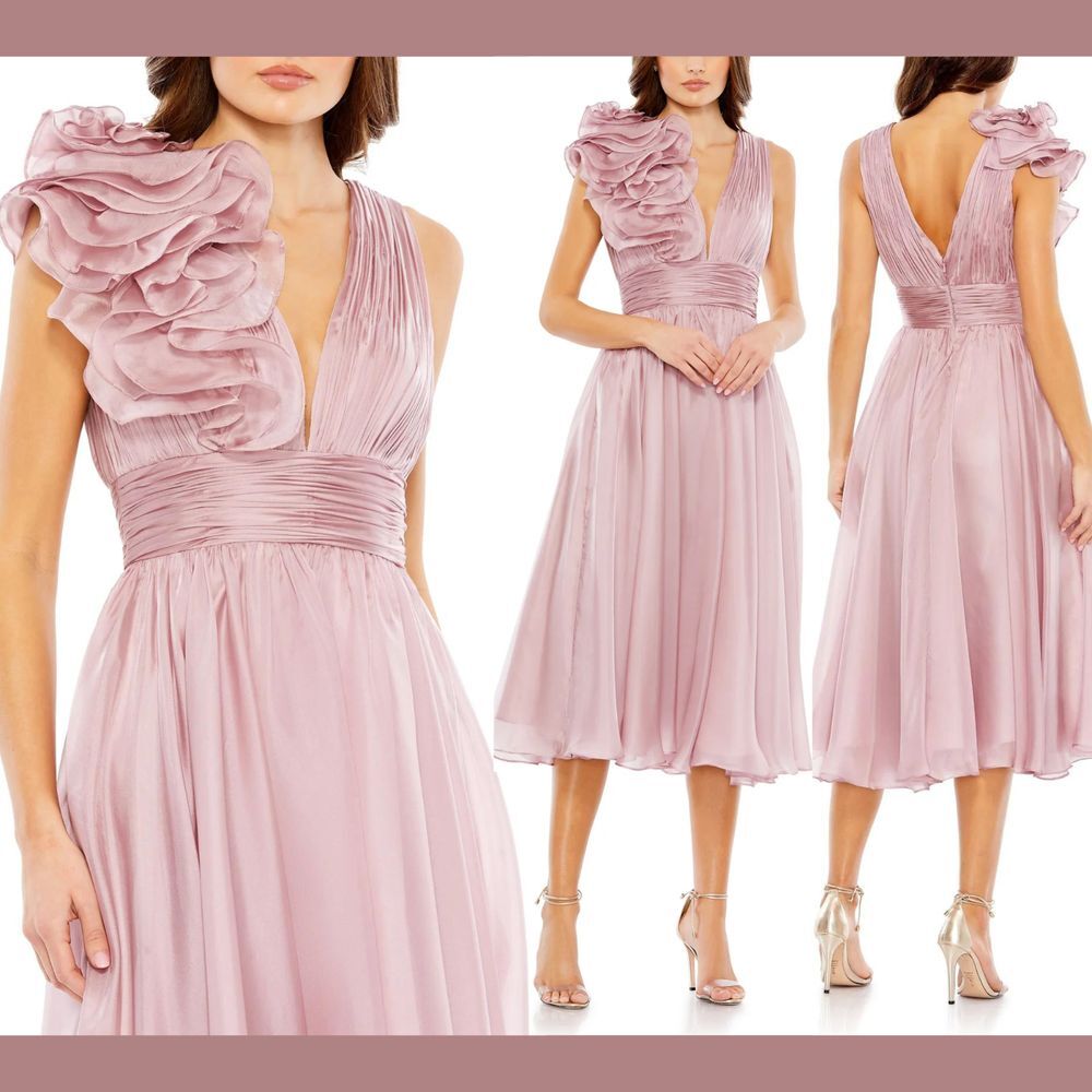NWT $398 Mac Duggal [ 6 ] Sleeveless Chiffon‎ A Line Tea Length Dress Rose G1729